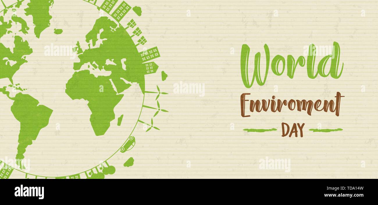 World environment day banner illustration. Green planet earth concept with buildings and nature for sustainable lifestyle. Stock Vector
