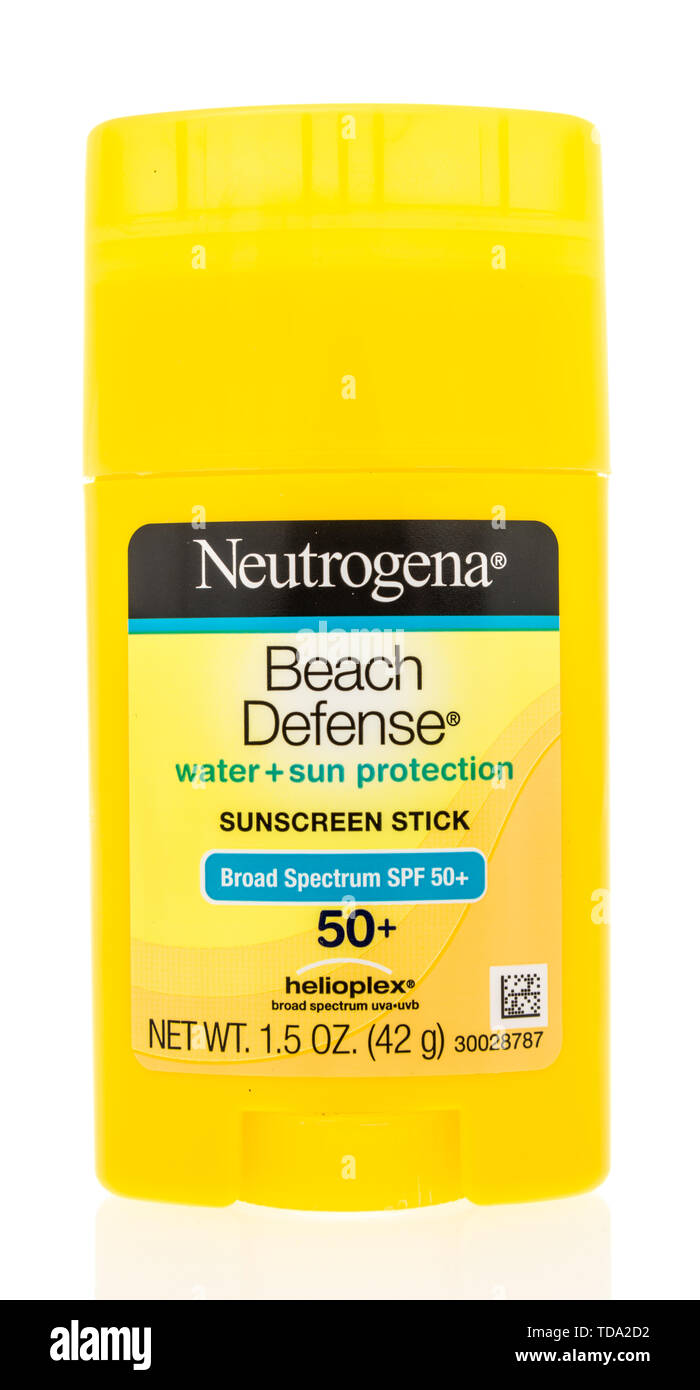 Winneconne, WI - 15 May 2019 : A package of Neutrogena beach defense sunscreen stick on an isolated background Stock Photo