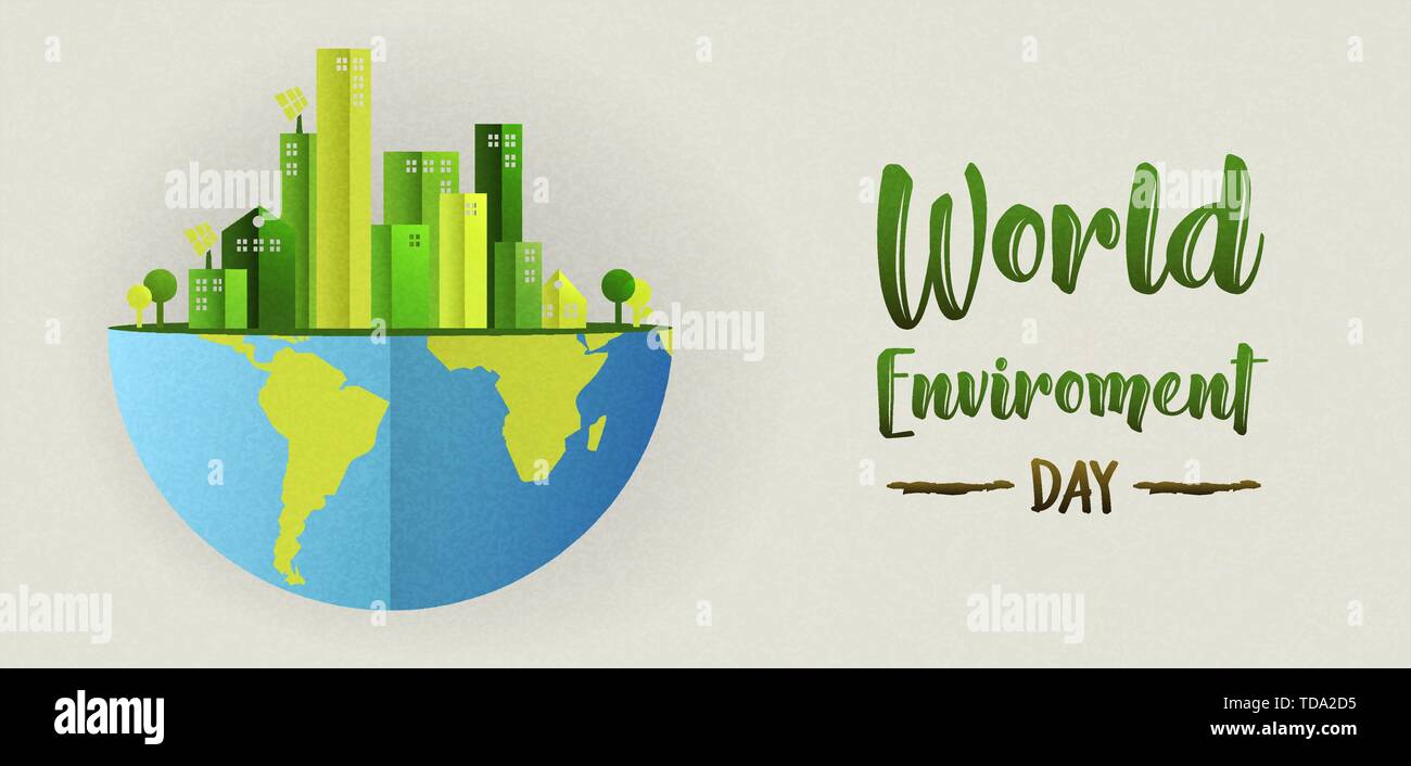 World environment day banner illustration. Eco friendly city concept with green buildings for sustainable urban lifestyle. Stock Vector