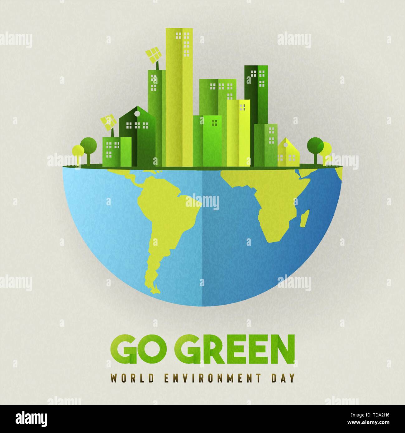 World environment day illustration. Eco friendly city concept with green buildings for sustainable urban lifestyle. Stock Vector