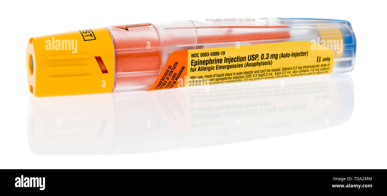Winneconne, WI - 17 May 2019 : A package of Teva epineprine auto injector  pen for allergic emergenies on an isolated background Stock Photo - Alamy