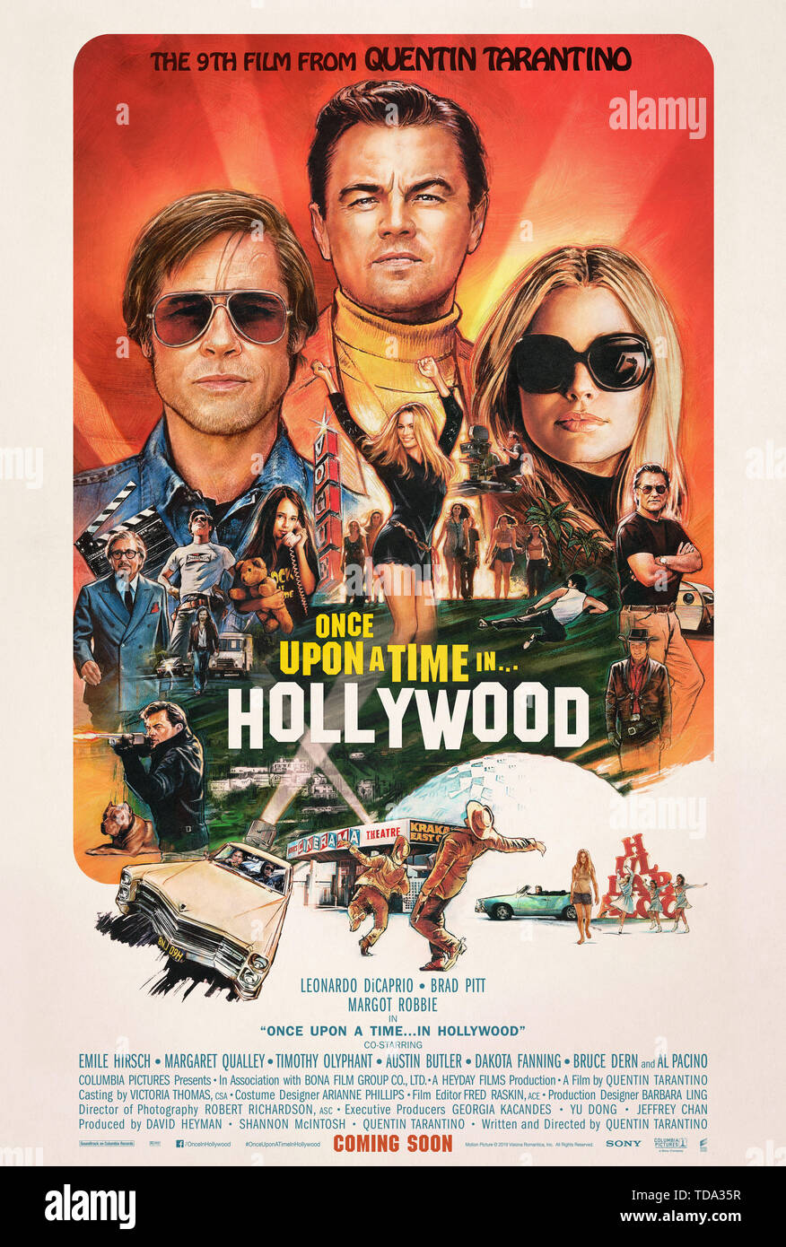 RELEASE DATE: August 9, 2019 TITLE: Once Upon a Time in Hollywood STUDIO: Columbia Pictures DIRECTOR: Quentin Tarantino PLOT: A TV actor and his stunt double embark on an odyssey to make a name for themselves in the film industry during the Charles Manson murders in 1969 Los Angeles. STARRING: MARGOT ROBBIE as Sharon Tate, Brad Pitt as Cliff Booth, Leonardo Dicaprio as Rick Dalton Poster art. (Credit Image: © Columbia Pictures/Entertainment Pictures) Stock Photo
