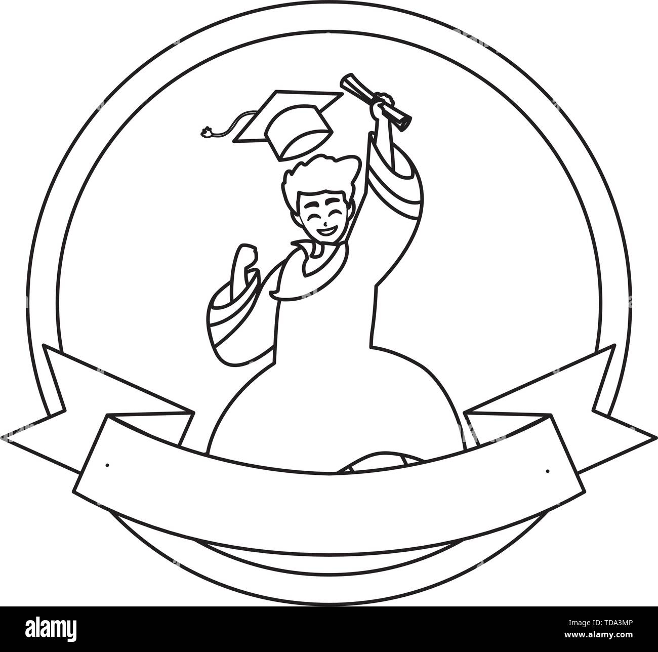 happy student boy graduated celebrating in circular frame vector ...