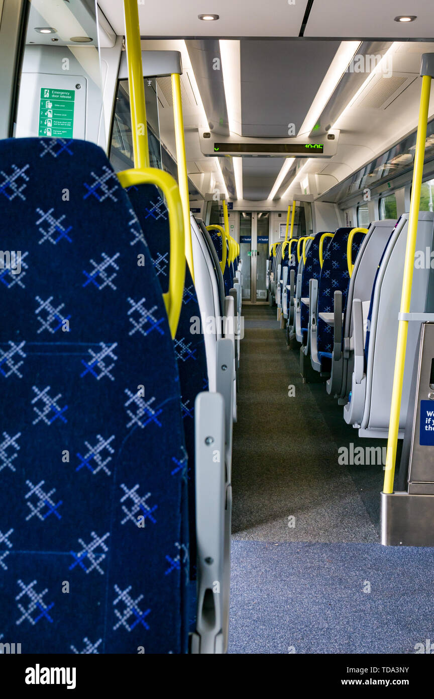 Empty Class 385 Scotrail train carriage seats, Scotland, UK Stock Photo