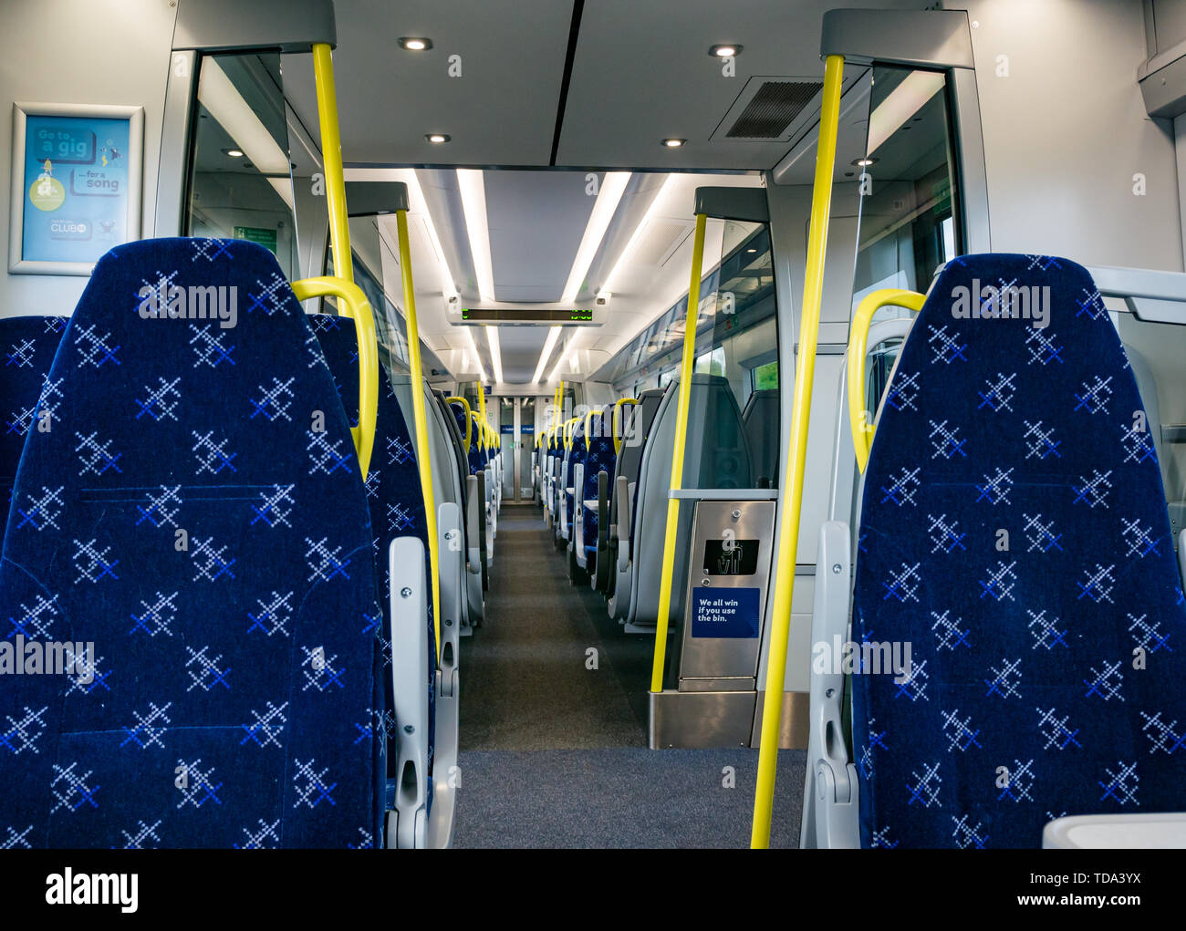 Empty Class 385 Scotrail train carriage seats, Scotland, UK Stock Photo
