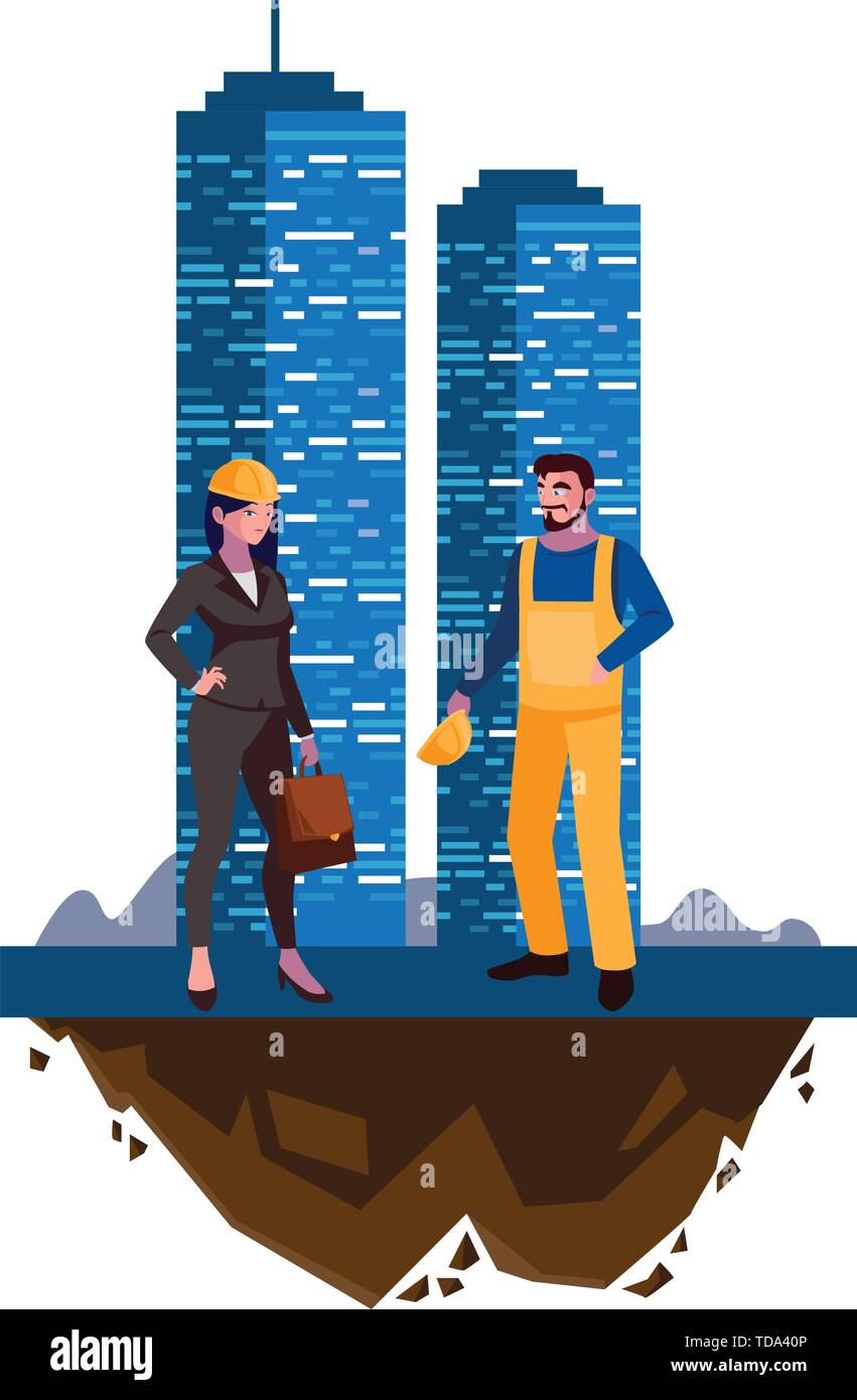 male builder constructor with woman engineer and building vector ...