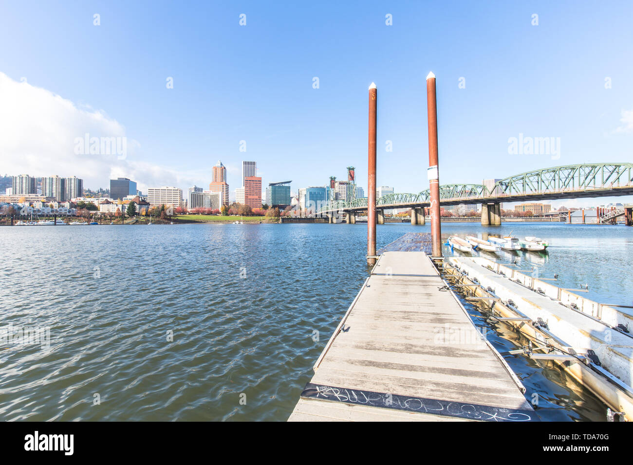 Pier, cityscape and skyline in portland Stock Photo Alamy