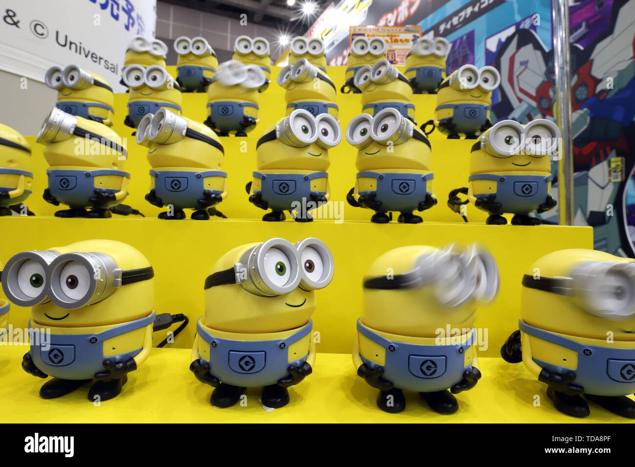 Tokyo, Japan. 13th June, 2019. Japan's toy maker Tomy displays movie  character Minions shaped robots 