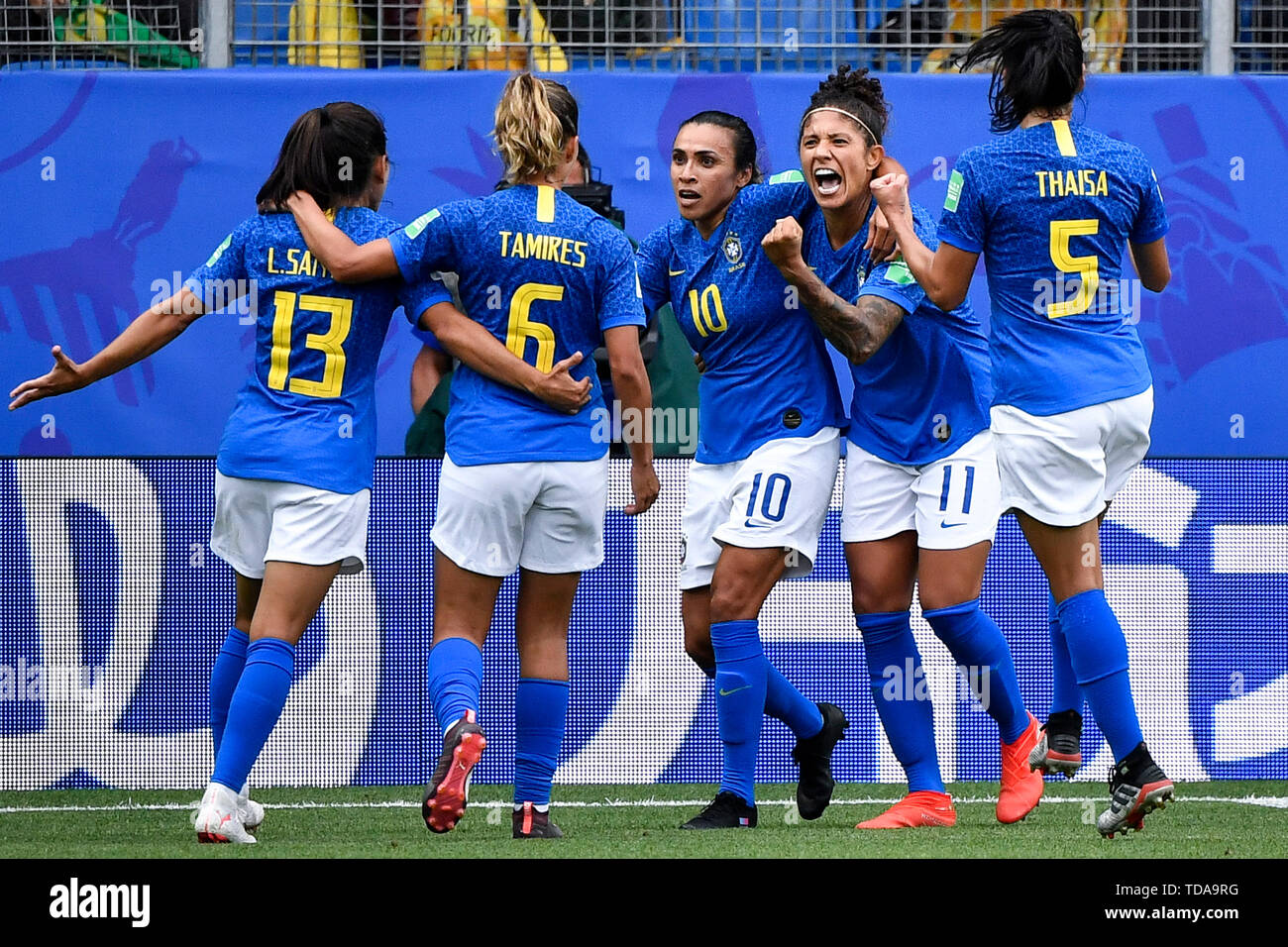 Montpellier, Tamires (2nd L) and Leticia Santos (1st L) during the group C match between Brazil and Australia at the 2019 FIFA Women's World Cup in Montpellier. 13th June, 2019. Cristiane (2nd R) of Brazil celebrates scoring with her teammates Thaisa (1st R), Marta (C), Tamires (2nd L) and Leticia Santos (1st L) during the group C match between Brazil and Australia at the 2019 FIFA Women's World Cup in Montpellier, France on June 13, 2019. Credit: Chen Yichen/Xinhua/Alamy Live News Stock Photo