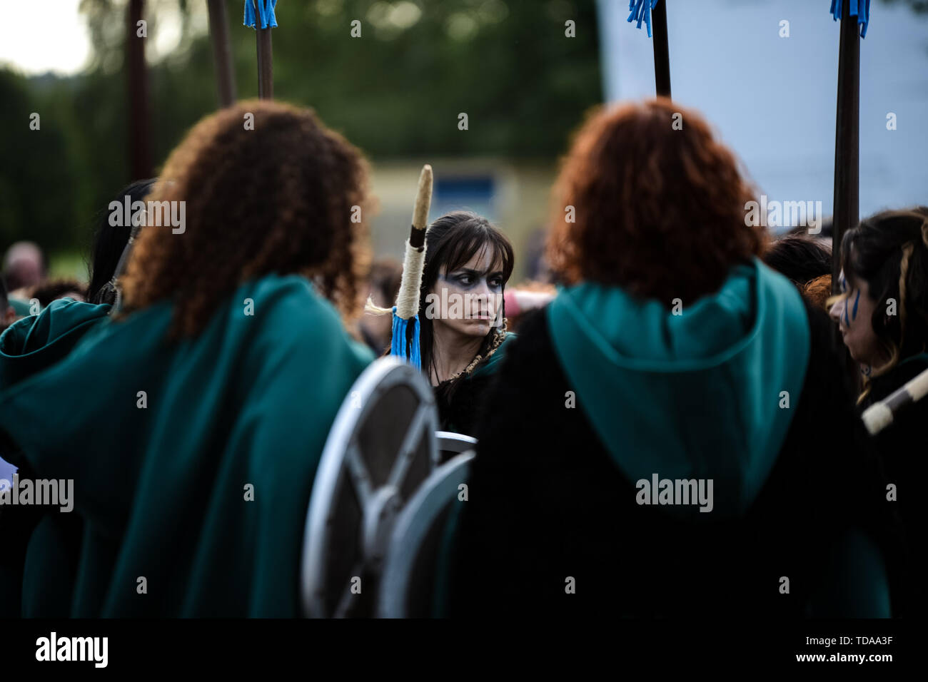 Lugo, Spain. 13th June, 2019. Women dressed as Celtics wait as they take part in the Arde Lucus festival. Arde Lucus, celebrated in the city since 2001 at the end of June, is a Galician festival of touristic interest. It revives the Gallaecian-Roman past of the city and it was started to commemorate its founding. Credit: SOPA Images Limited/Alamy Live News Stock Photo