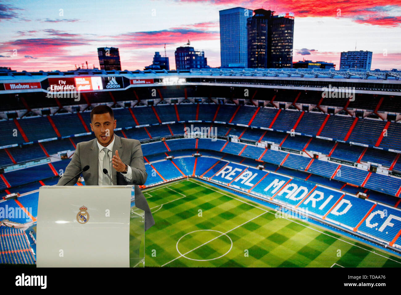 Madrid, Spain. 13th June, 2019. Eden Hazard speaks during his presentation  as a new player of Real Madrid CF at the Estadio Santiago Bernabeu in  Madrid. Credit: SOPA Images Limited/Alamy Live News