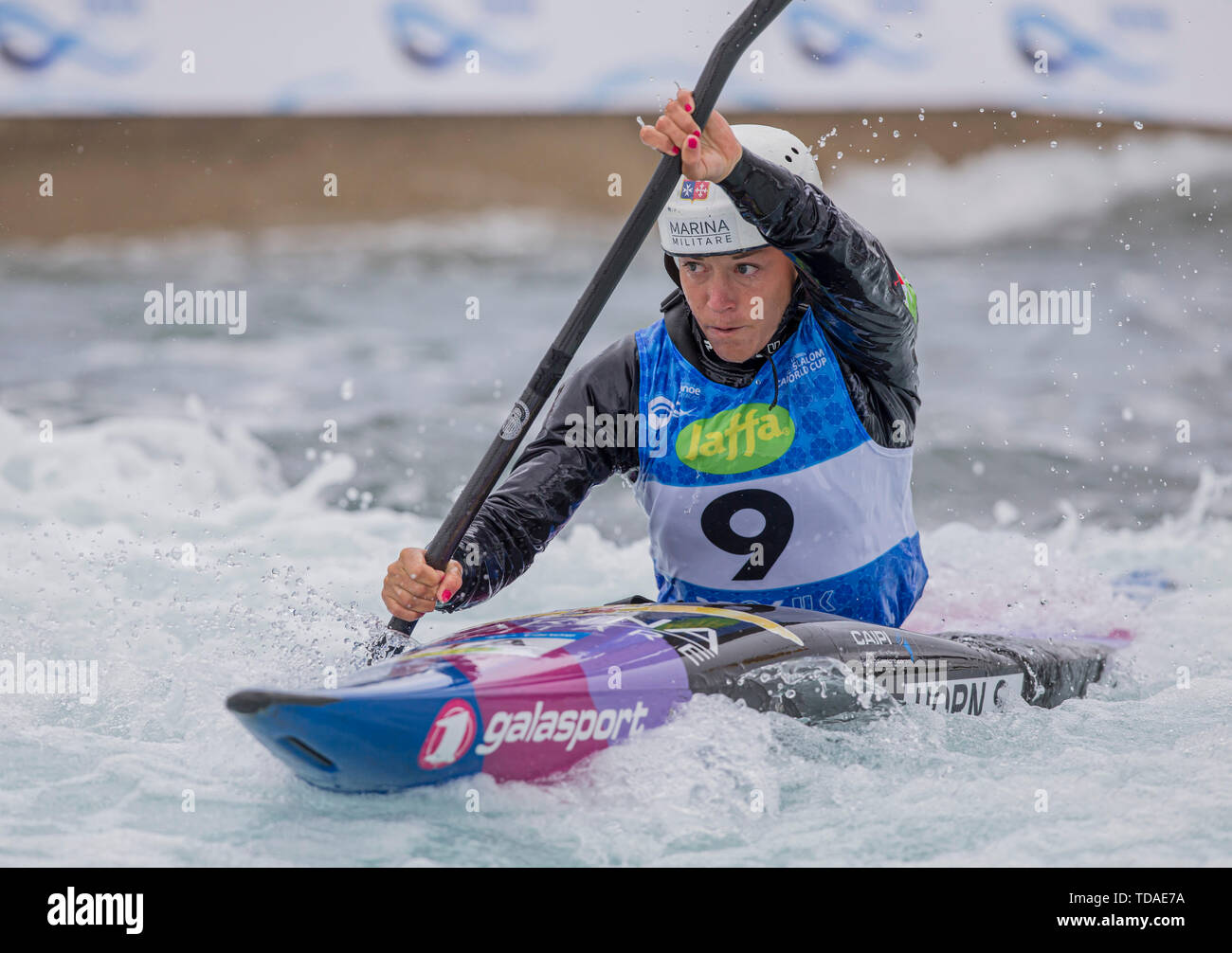 London, UK. 14th June 2019, Lee Valley Whitewater Centre, London, England; ICF Canoe Slalom World Cup Series; Stefanie Horn (ITA) competing in the Women K1 Heats Run 1 during the ICF Canoe Slalom World Cup at Lee Valley White Water Centre London Credit: Action Plus Sports Images/Alamy Live News Stock Photo