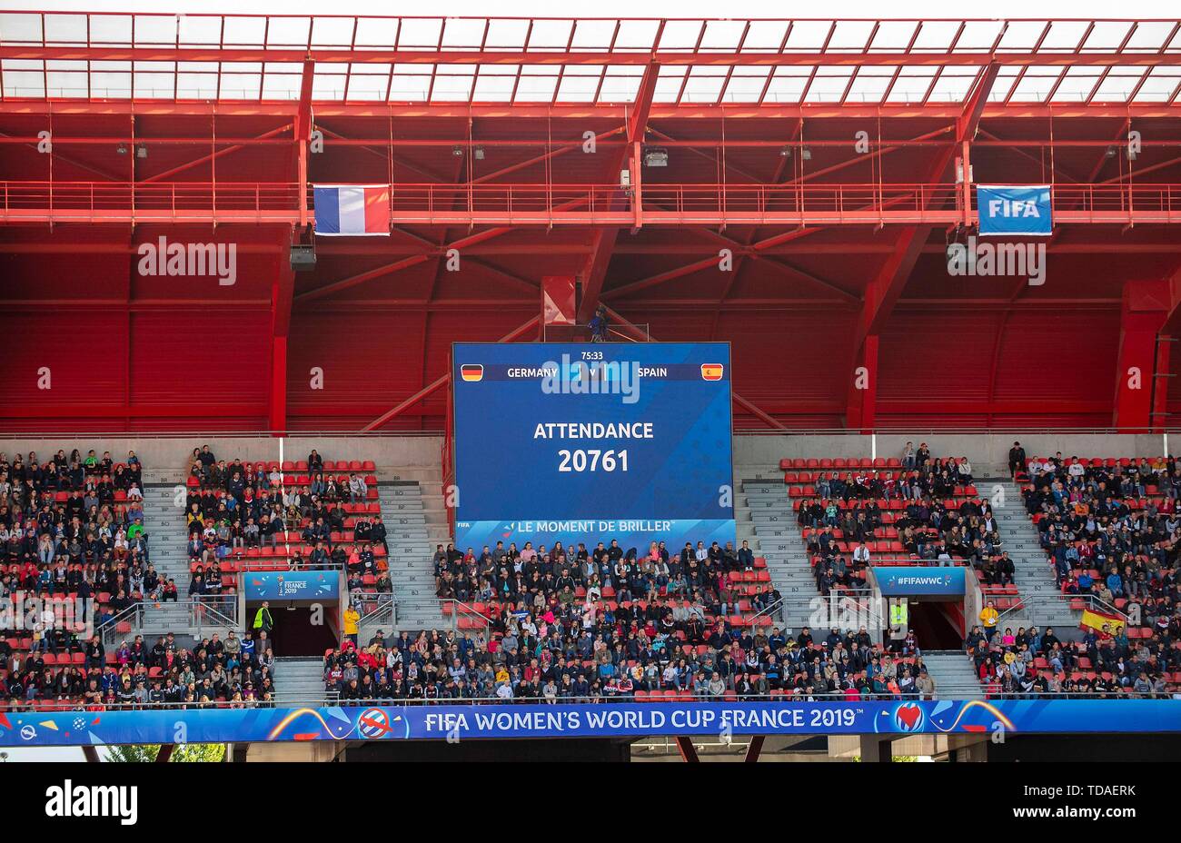 Valenciennes, France. 12th June, 2019. Feature, scoreboard with audience  number 20761, preliminary round Group B, match 15, Germany (GER) - Spain  (ESP) 1: 0, on 06/12/2019 in Valenciennes. Football Women World Cup