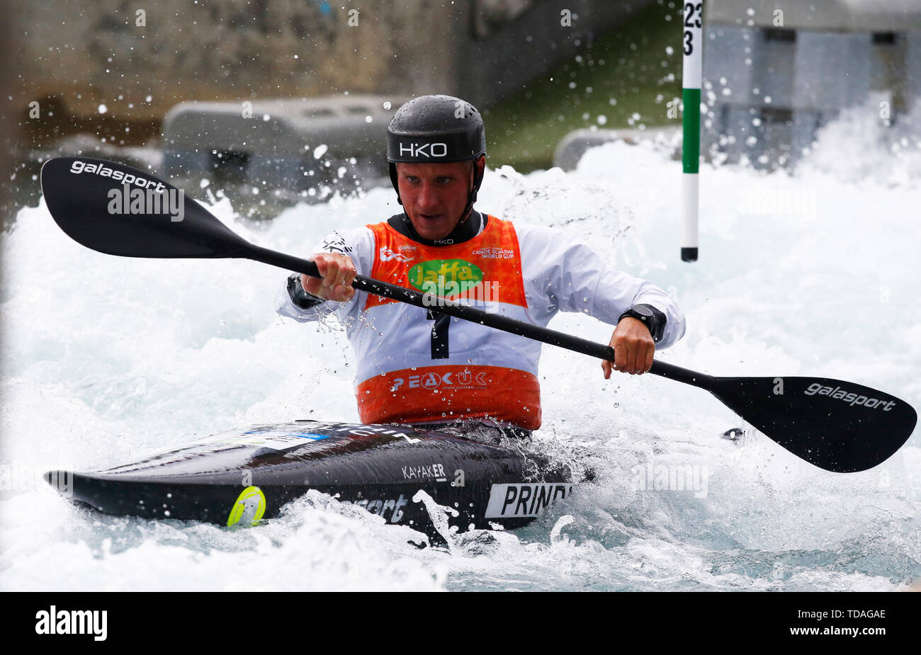 LONDON, ENGLAND JUNE 14  Vit Prindis (CZE) Compete in Men's Kayak 1st Heat Run during 2019 ICF Canoe Slalom World Cup 1 at the Lee Valley White Water Centre, London on 14 June 2019 Credit Action Foto Sport Stock Photo
