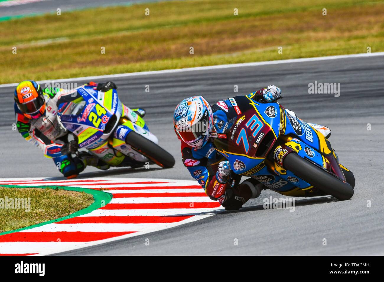 ALEX MARQUEZ (73) of Spain and EG 0, 0 Marc VDS and SIMONE CORSI (24) of Italy and Tasca Racing Scuderia Moto2 during the MOTO 2 Free Practice 2 of the Ctalunya