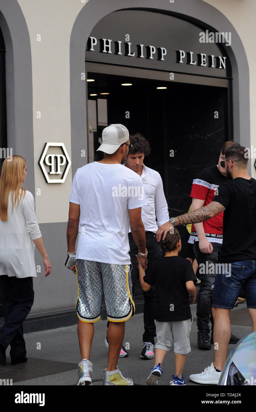 Milan, Italy. 14th June, 2019.Milan, Pierre Emerick Aubameyang shopping  from Philipp Plein Pierre Emerick Aubameyang, French naturalized Gabonese,  striker of the ARSENAL and the National GABON, arrives downtown aboard a  very expensive