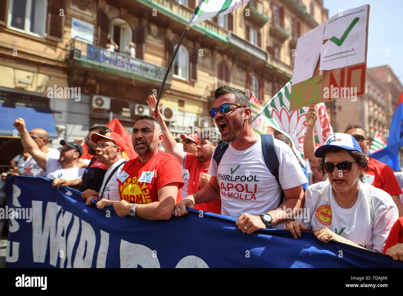 General strike of metalworkers adhering to the FIOM CGIL CISL acronyms held in Naples with whirpool workers at the head of the court. 14/06/2019, Naples, Italy Stock Photo