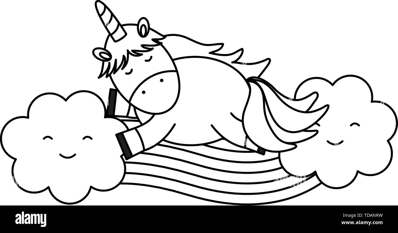 cute unicorn with clouds and rainbow kawaii characters vector ...