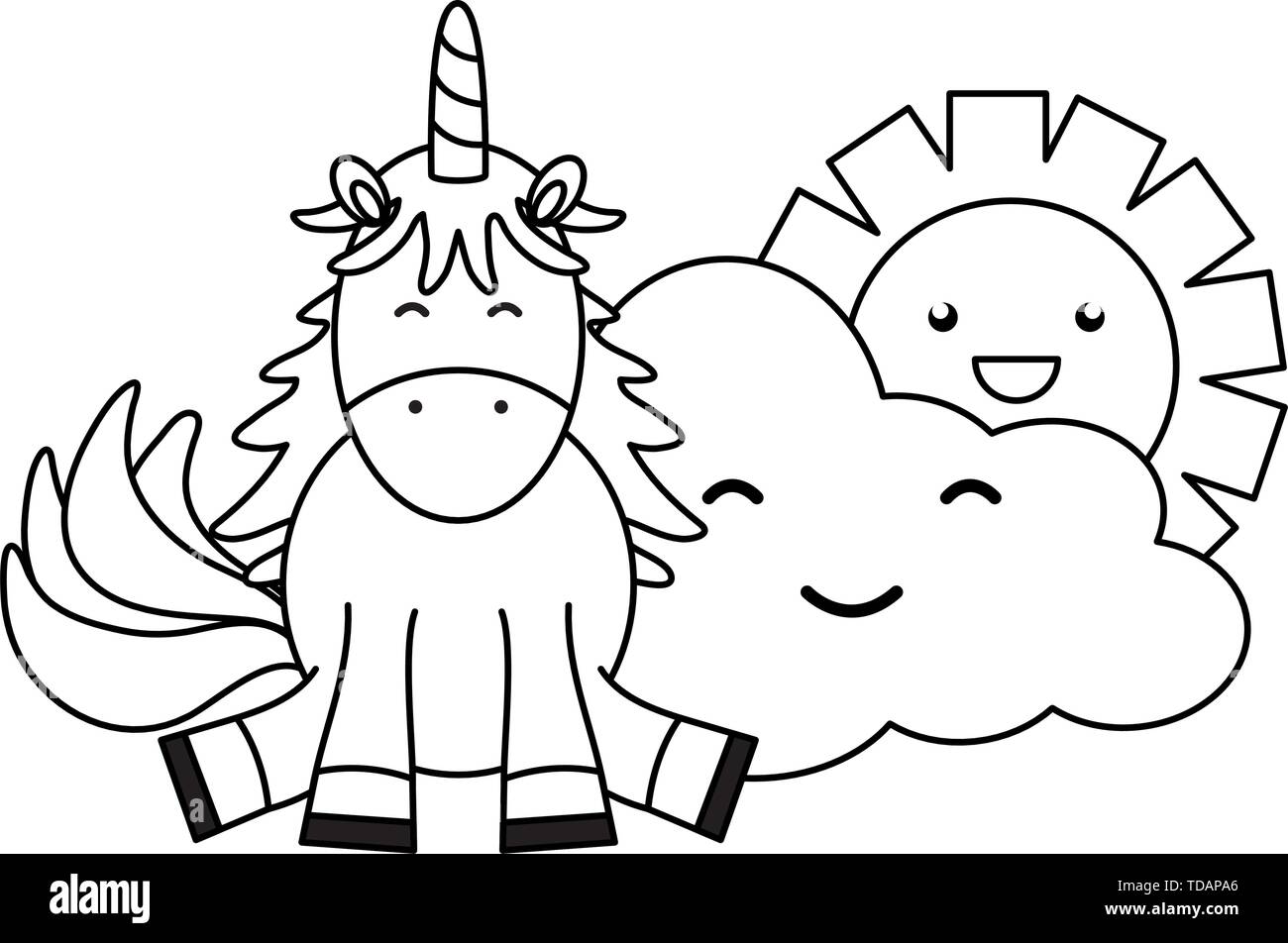 cute adorable unicorn with clouds and sun kawaii characters vector illustration Stock Vector
