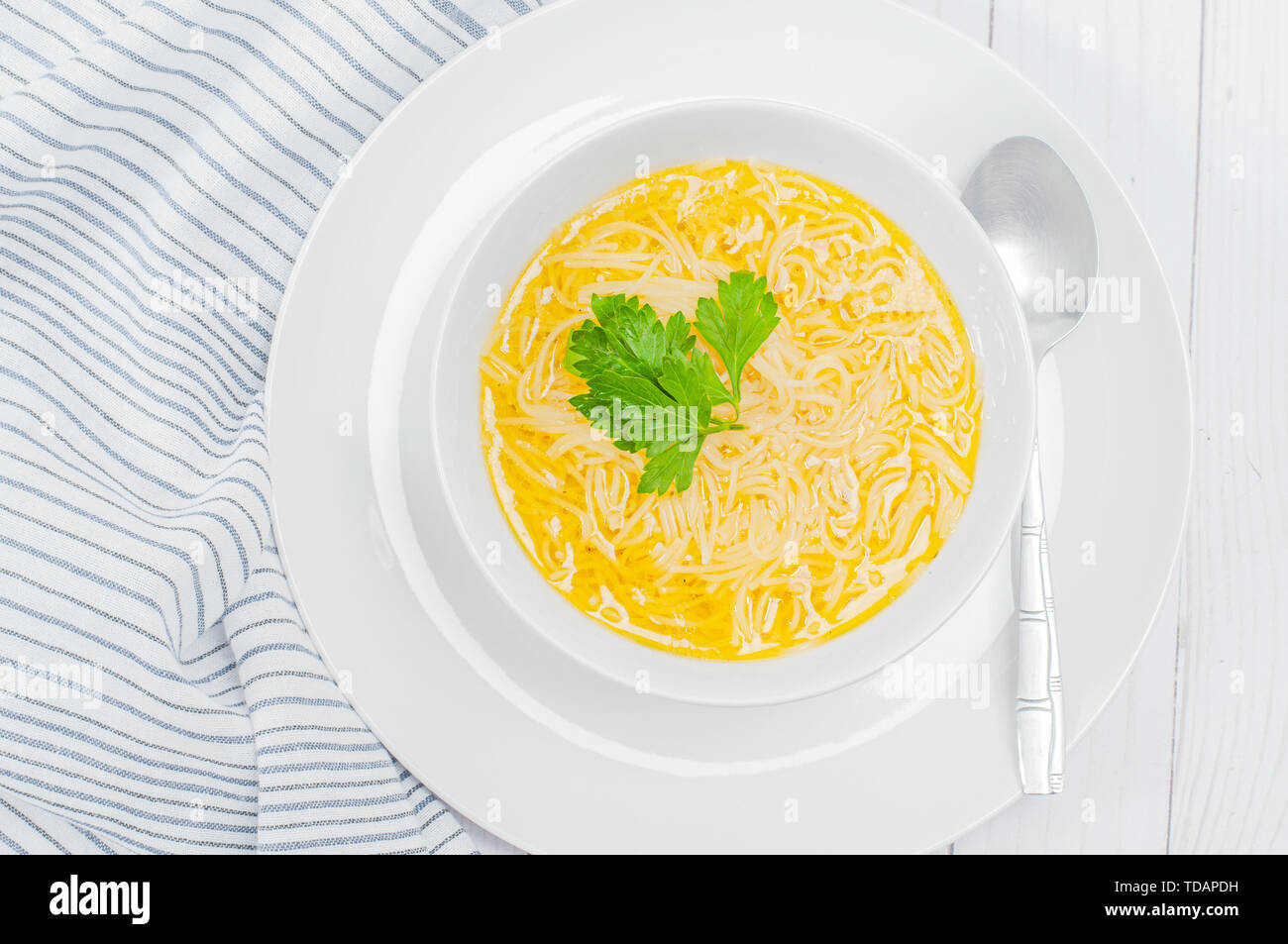 Chicken noodles soup. Healthy lunch, homemade chicken broth Stock Photo