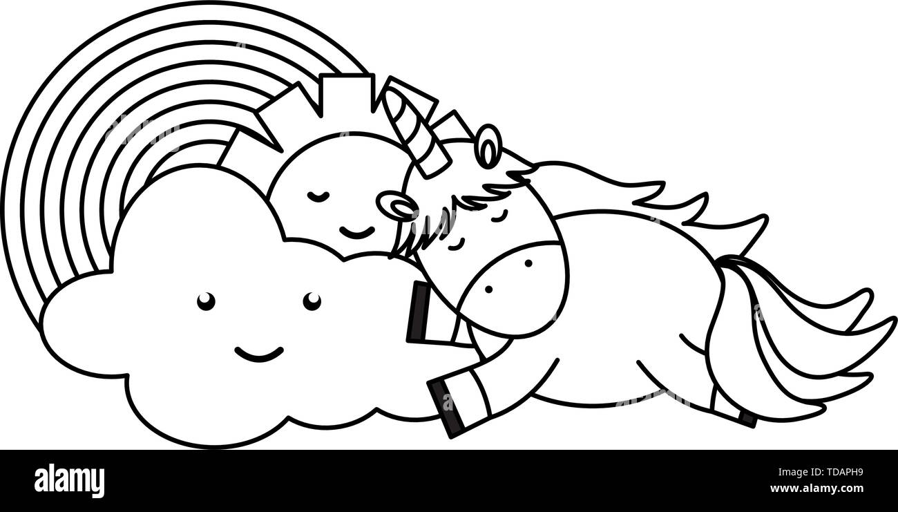 cute unicorn in rainbow with clouds and sun kawaii characters vector ...