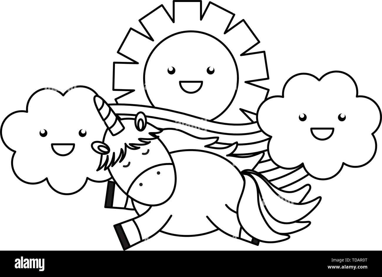 cute unicorn in rainbow with clouds and sun kawaii characters vector ...