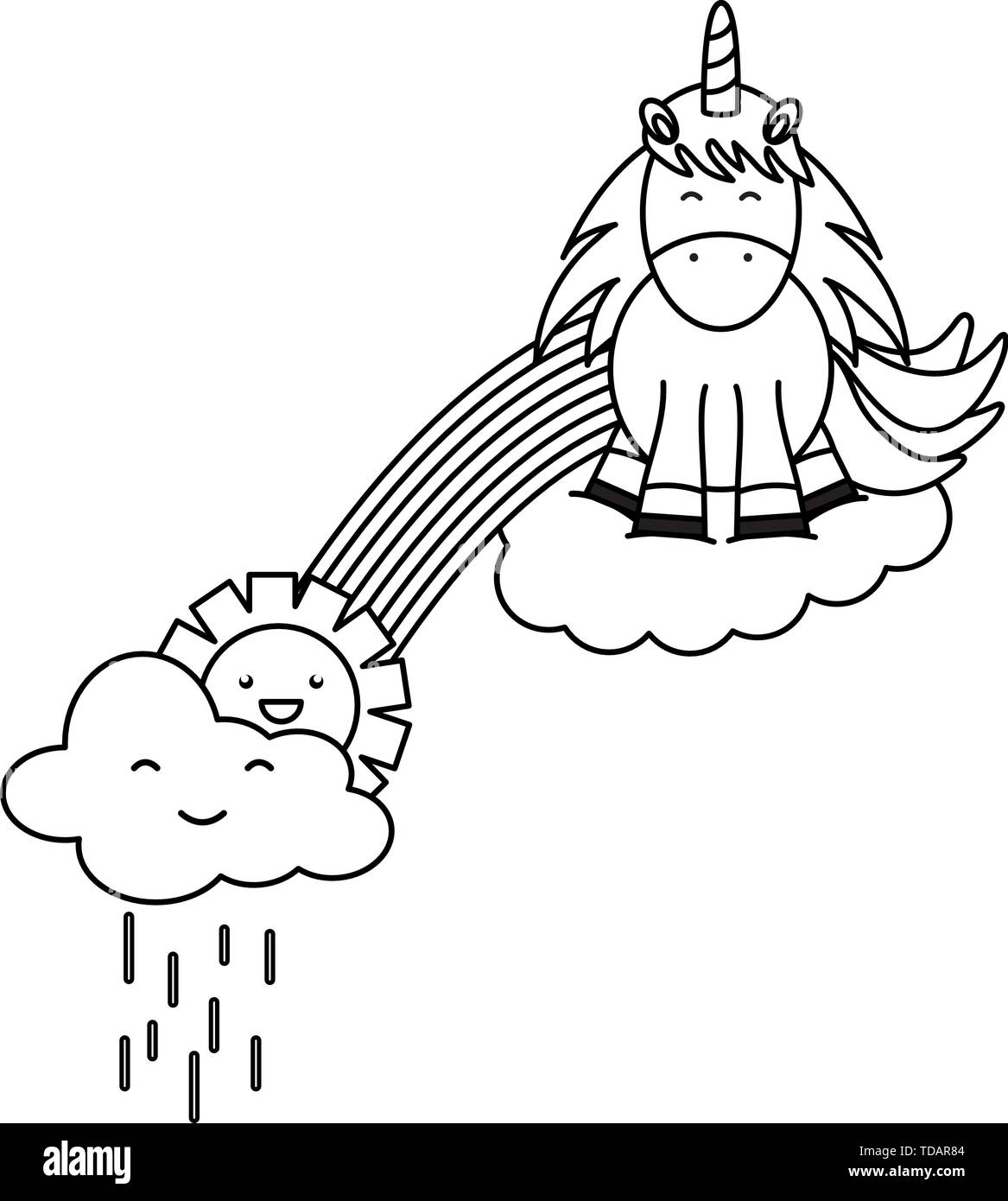 cute unicorn in rainbow with clouds rainy and sun kawaii vector ...