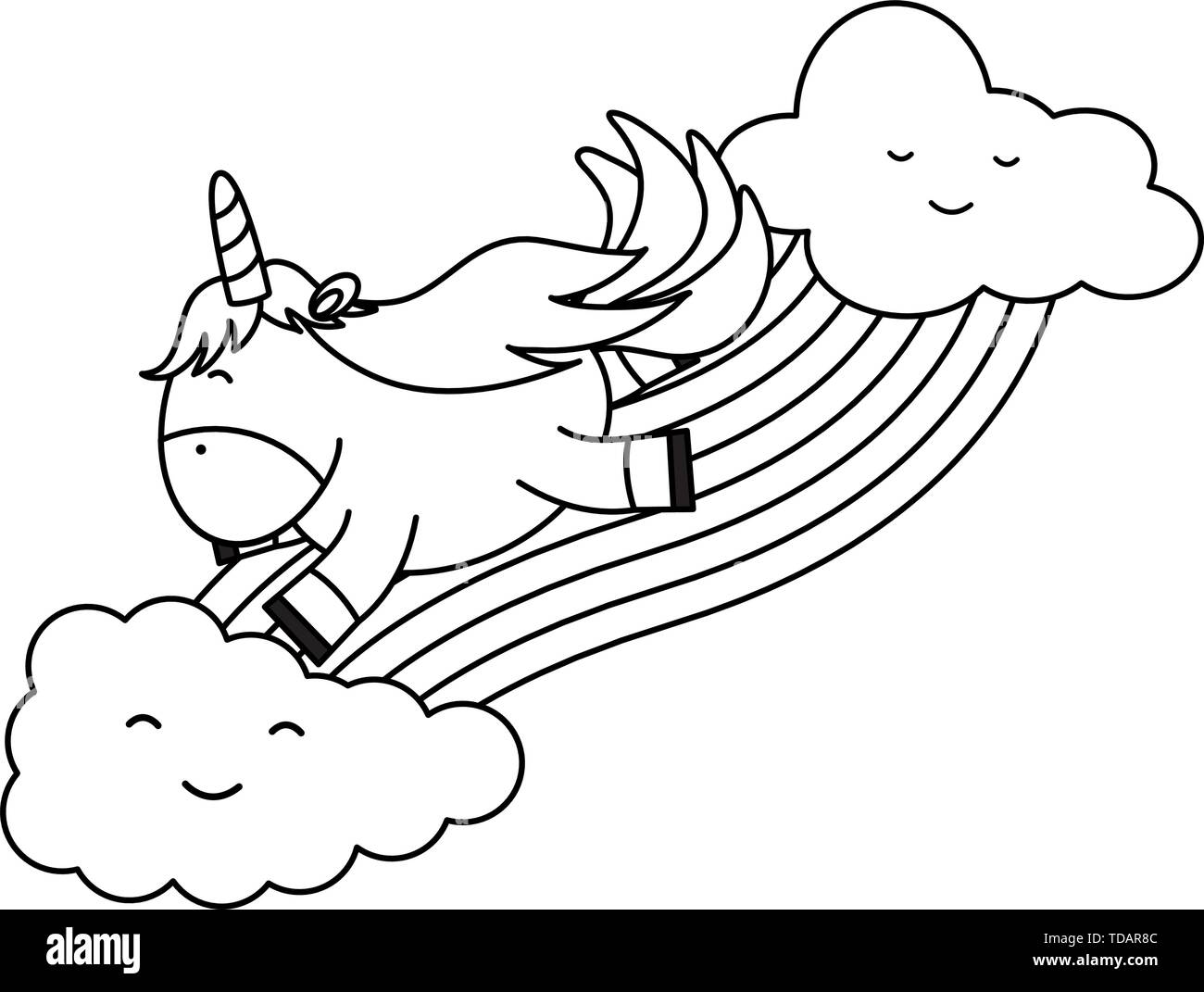 cute unicorn with clouds and rainbow kawaii characters vector ...