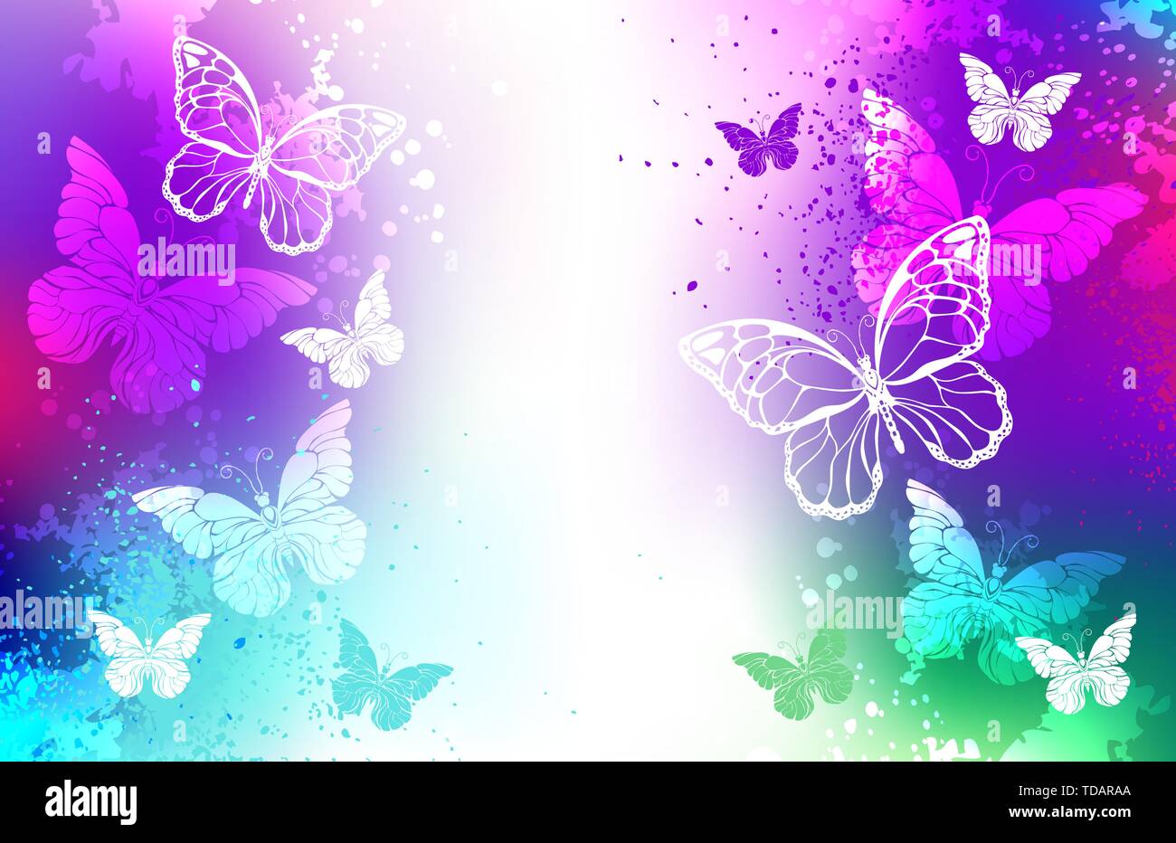Bright, carelessly painted over purple and turquoise paint background with flying white butterflies. Stock Vector