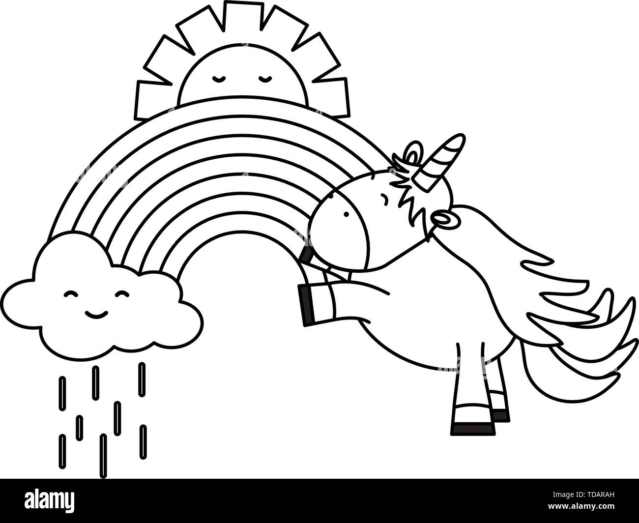 cute unicorn in rainbow with clouds rainy and sun kawaii vector ...