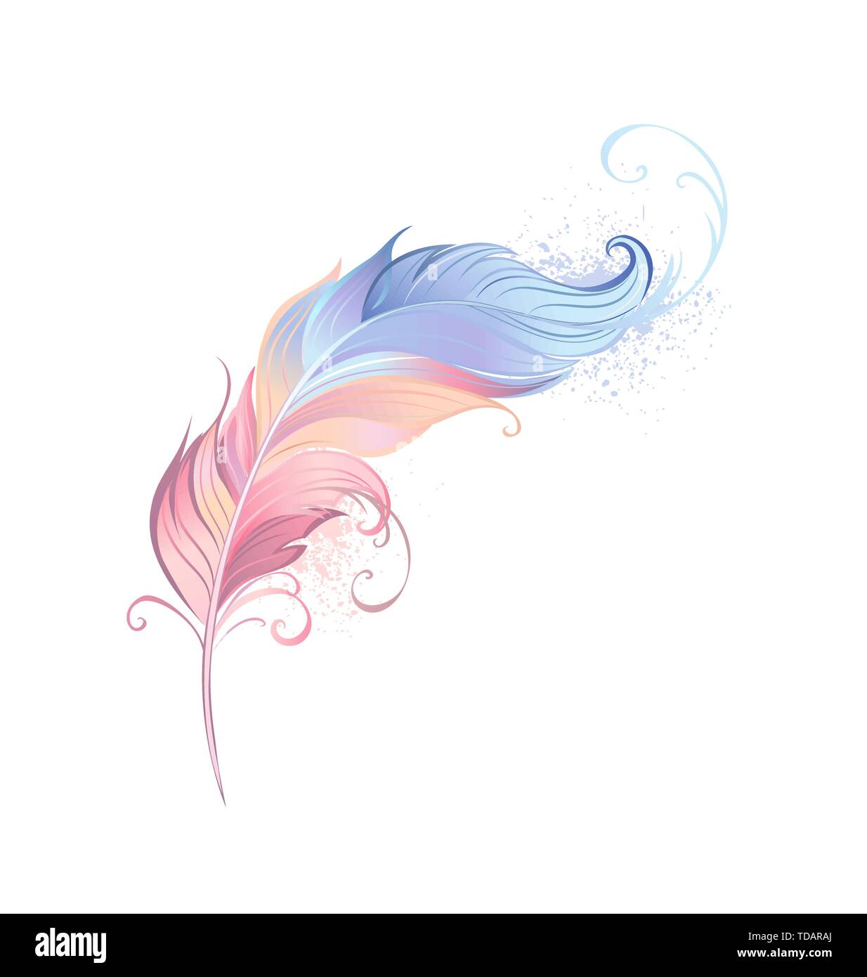 Beautiful feather painted in pink and blue pastel colors on white background. Stock Vector