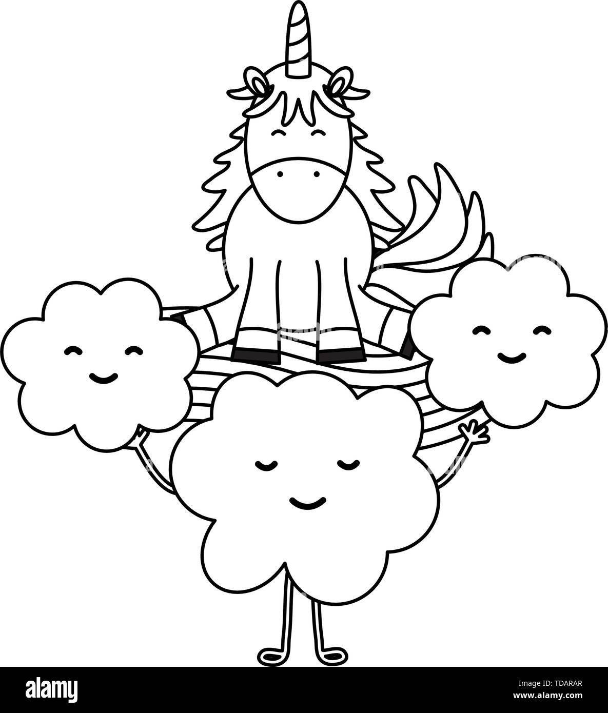 cute unicorn with clouds and rainbow kawaii characters vector ...