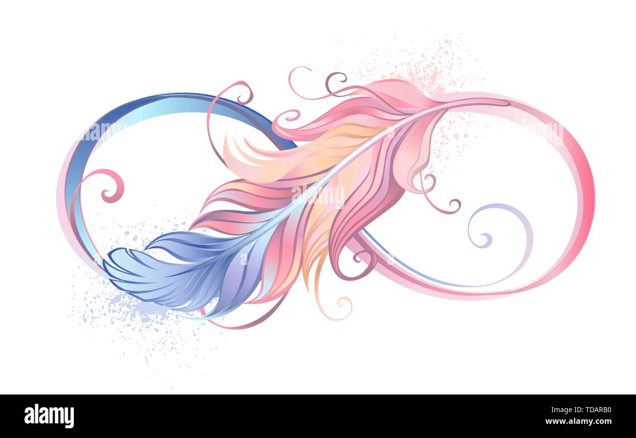 Infinity symbol with a beautiful feather painted in pink and blue pastel colors on white background. Stock Vector