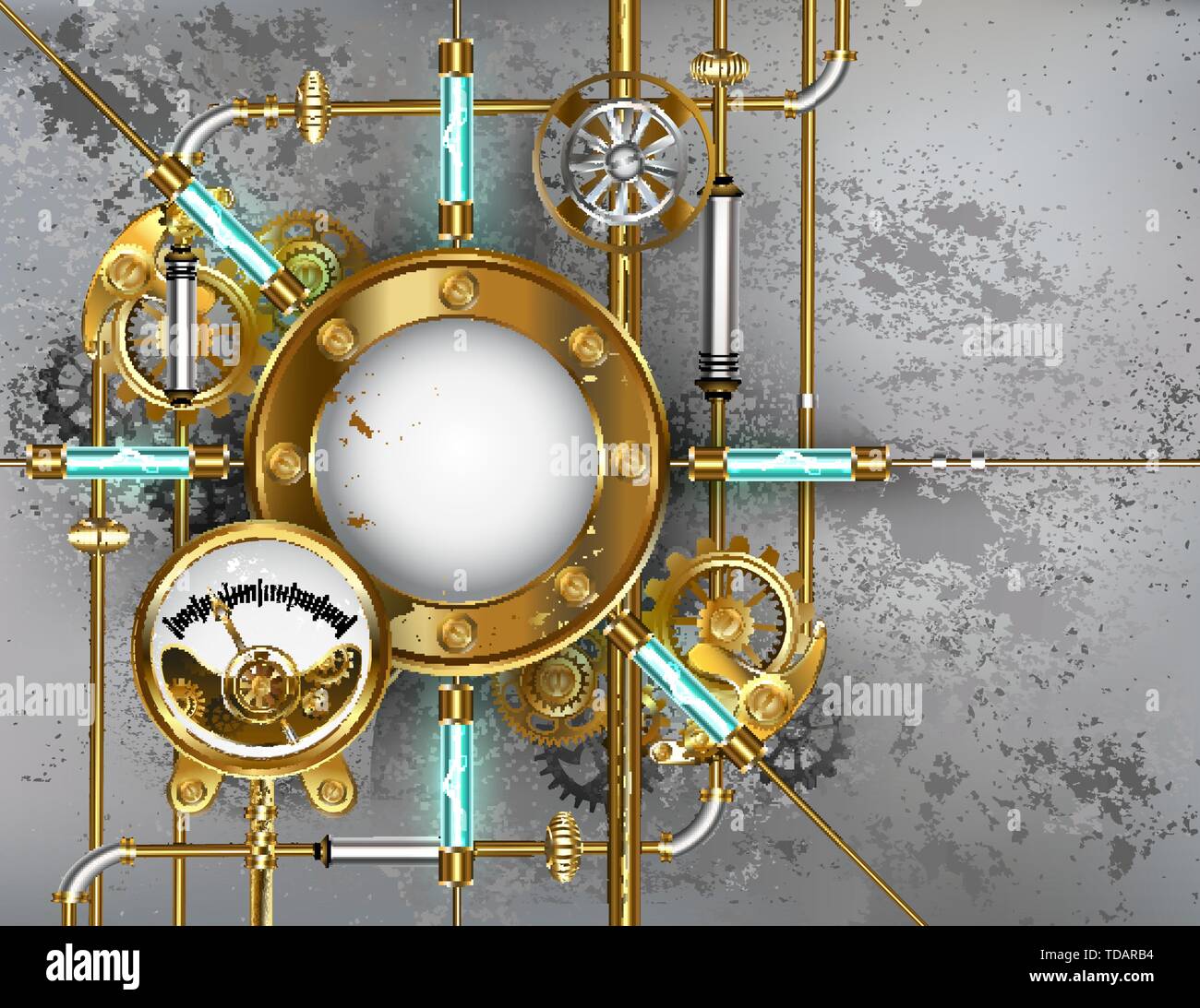 Round, steampunk, brass, banner with LED lights and antique manometer on gray concrete background with brass tubes. Stock Vector