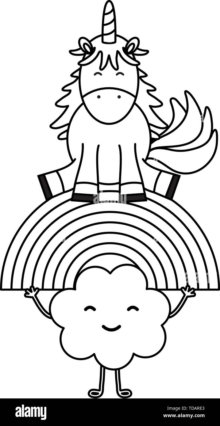 cute unicorn with clouds and rainbow kawaii characters vector ...