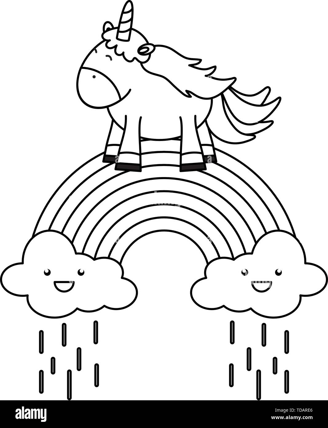 cute unicorn with clouds and rainbow kawaii characters vector ...