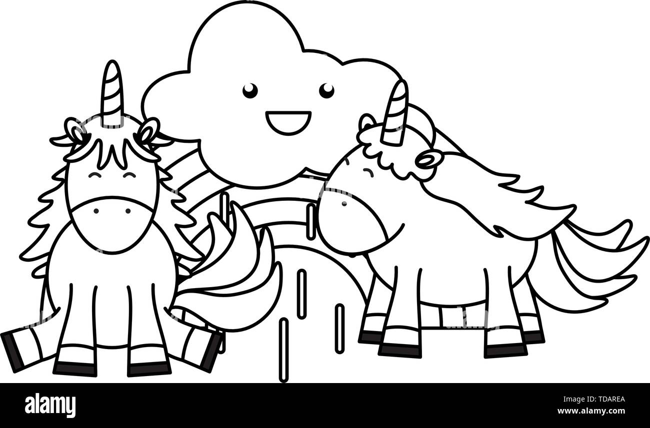 cute adorable unicorns with clouds and rainbow kawaii vector ...