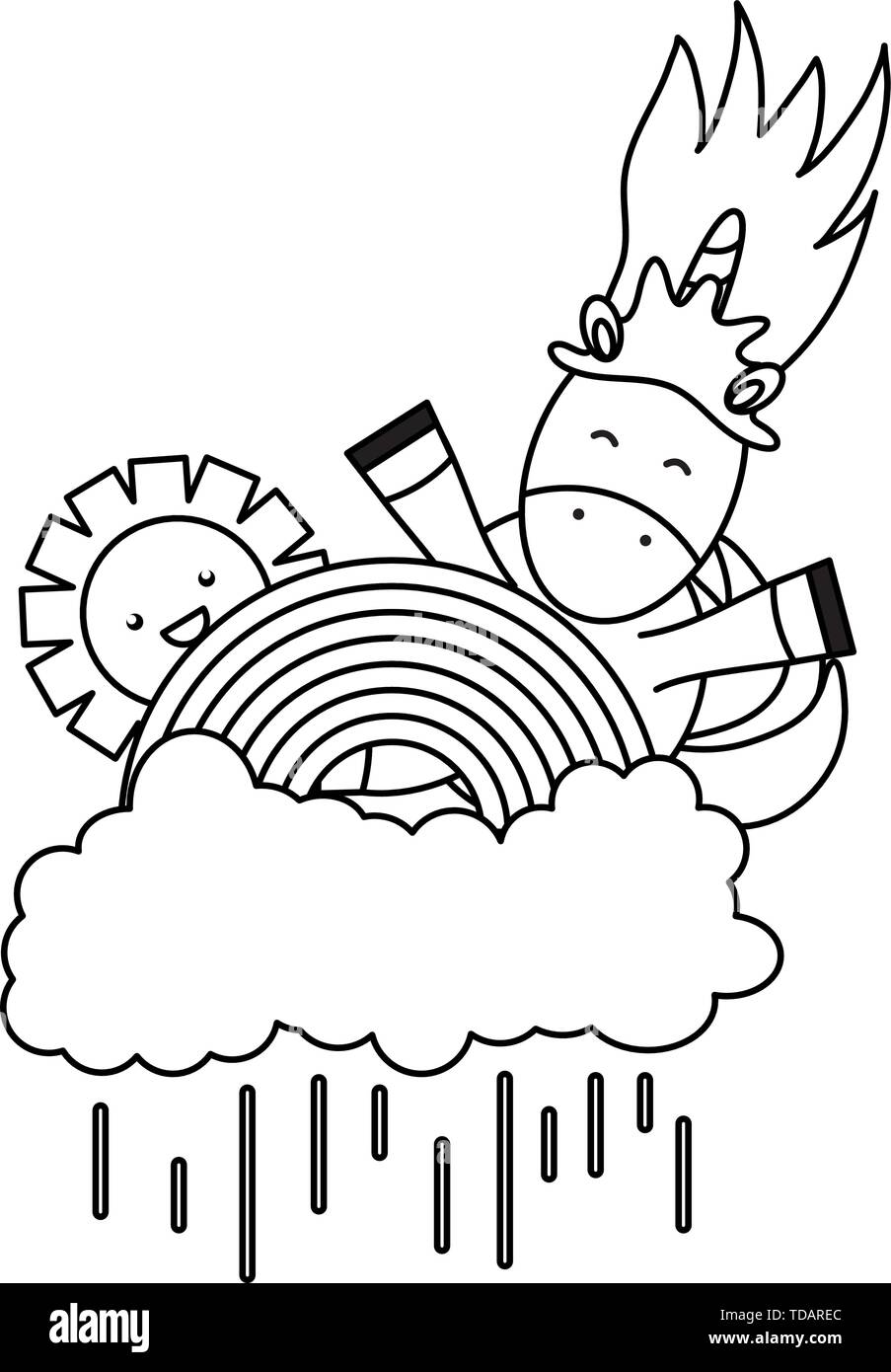 cute unicorn in rainbow with clouds rainy and sun kawaii vector ...