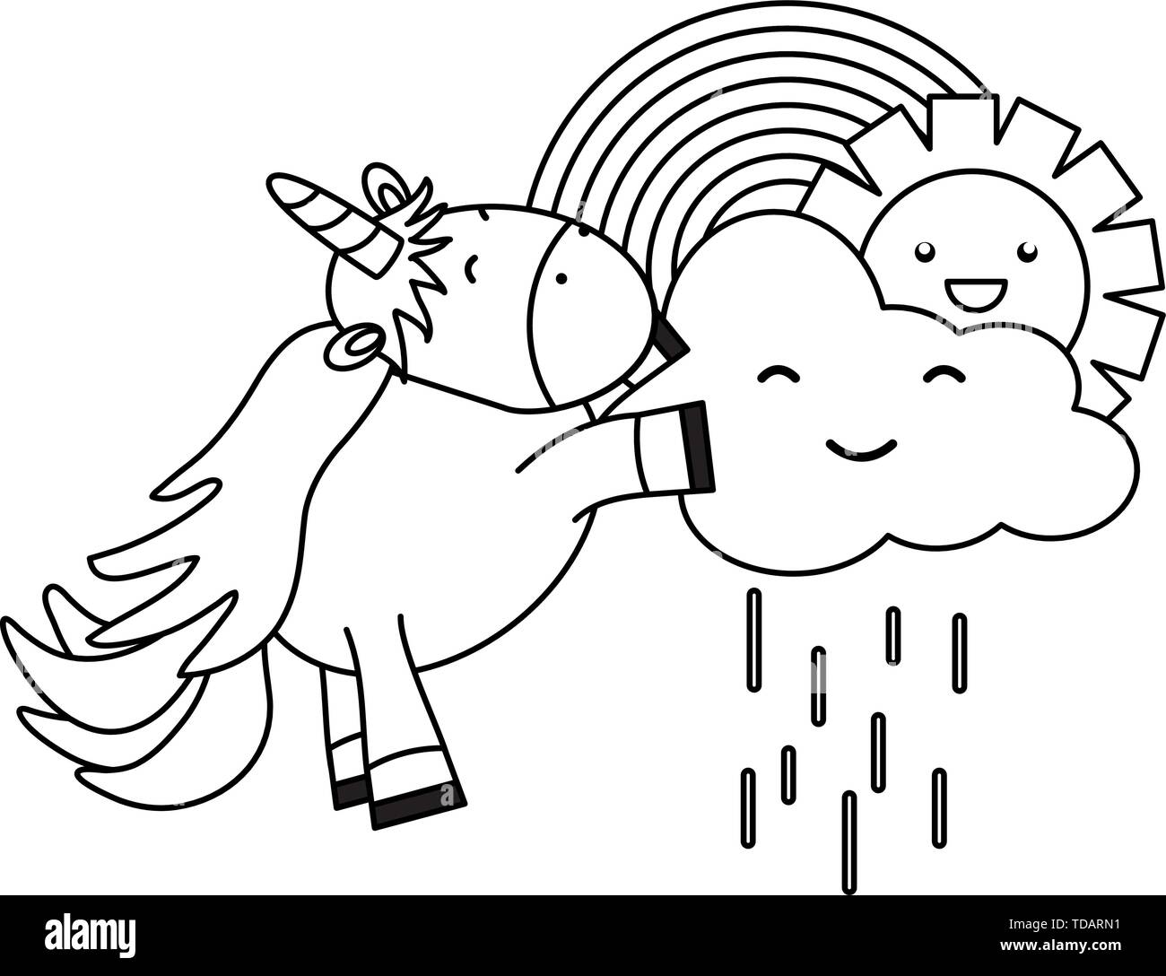 cute unicorn in rainbow with clouds rainy and sun kawaii vector ...
