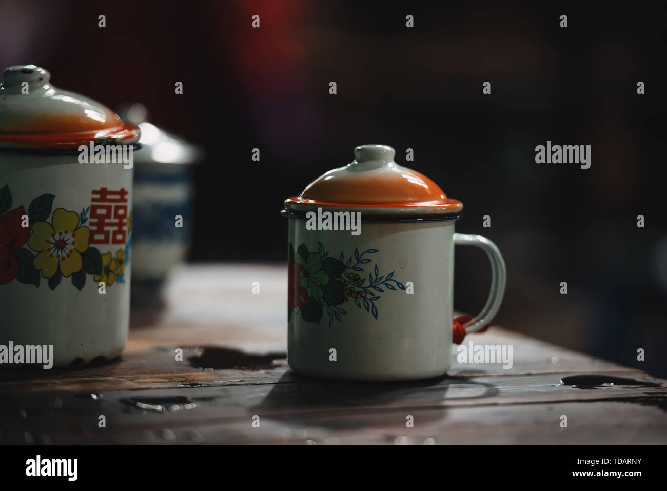 Ceramic cups in the old teahouse. Stock Photo