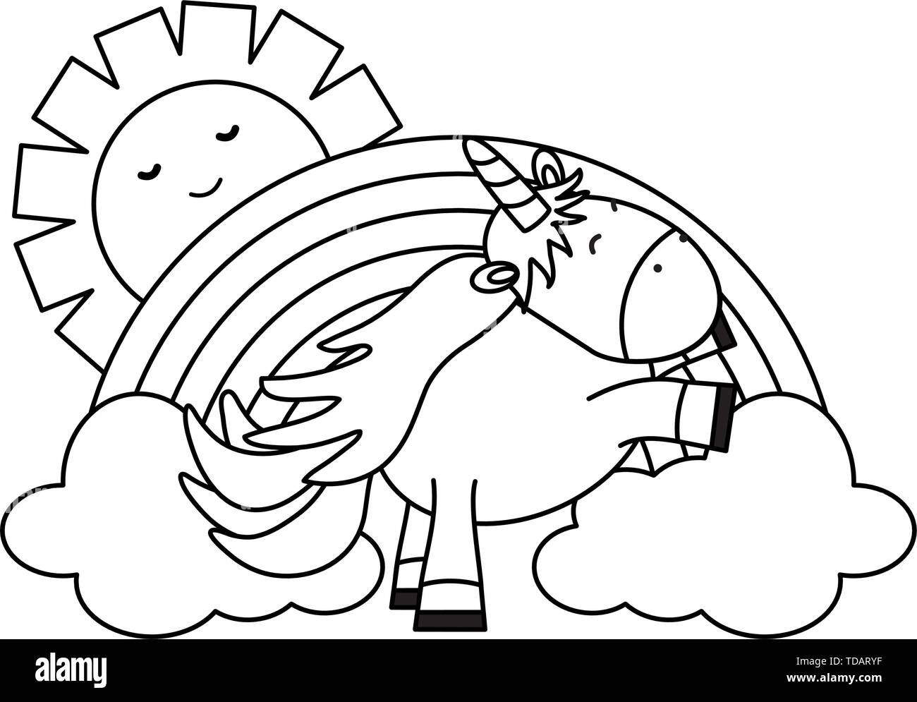 cute unicorn in rainbow with clouds and sun kawaii characters vector ...