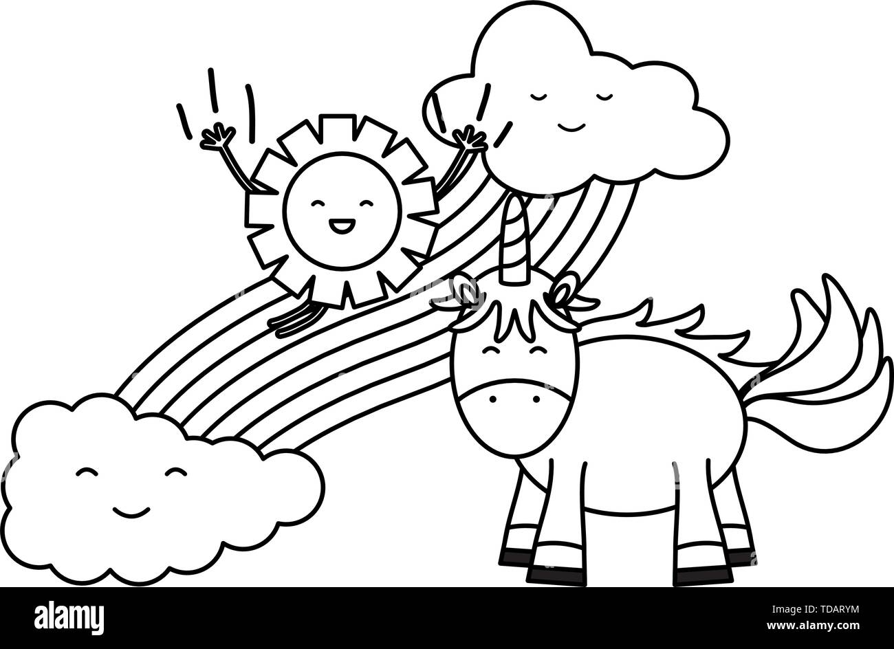 cute unicorn in rainbow with clouds and sun kawaii characters vector ...