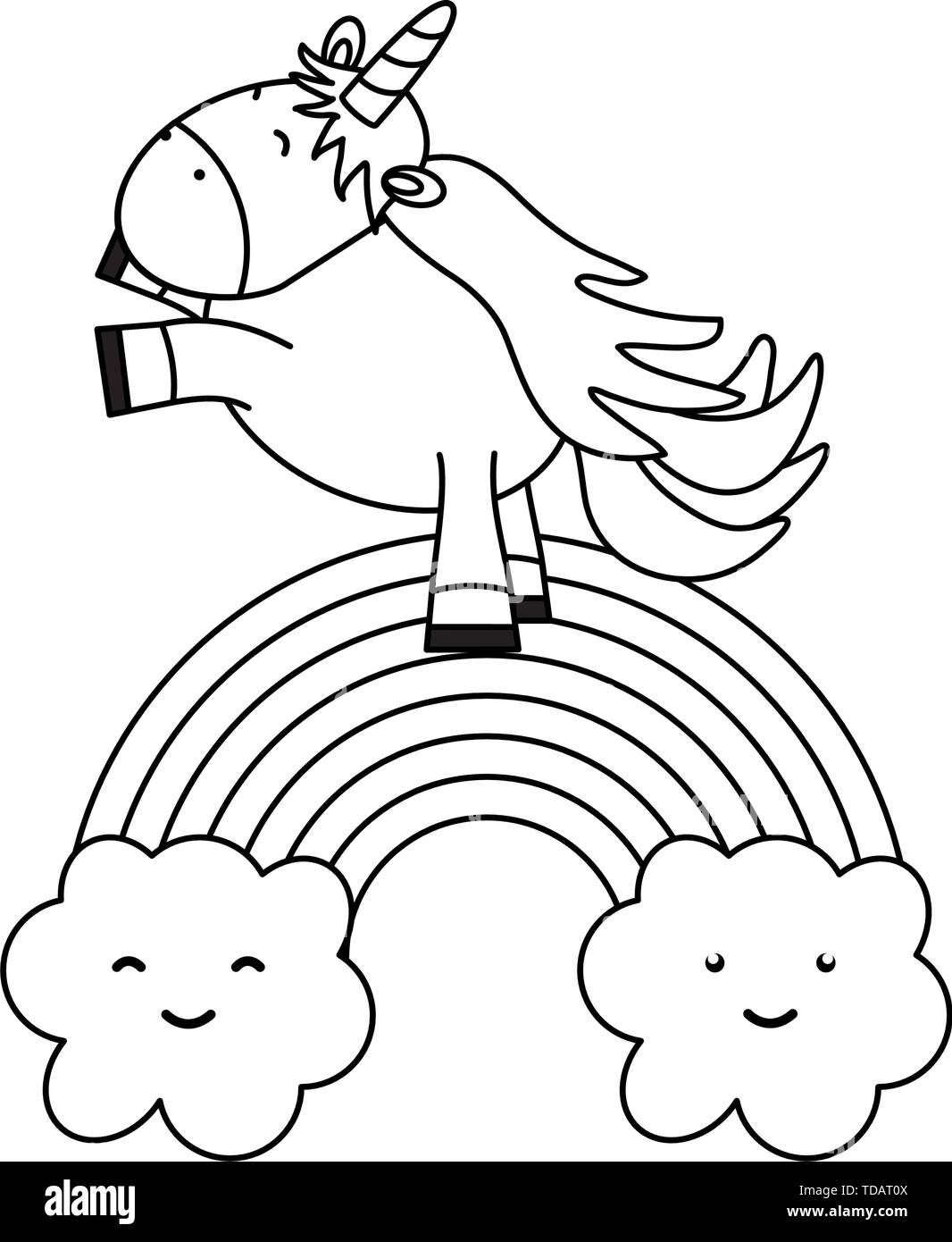 cute unicorn with clouds and rainbow kawaii characters vector ...