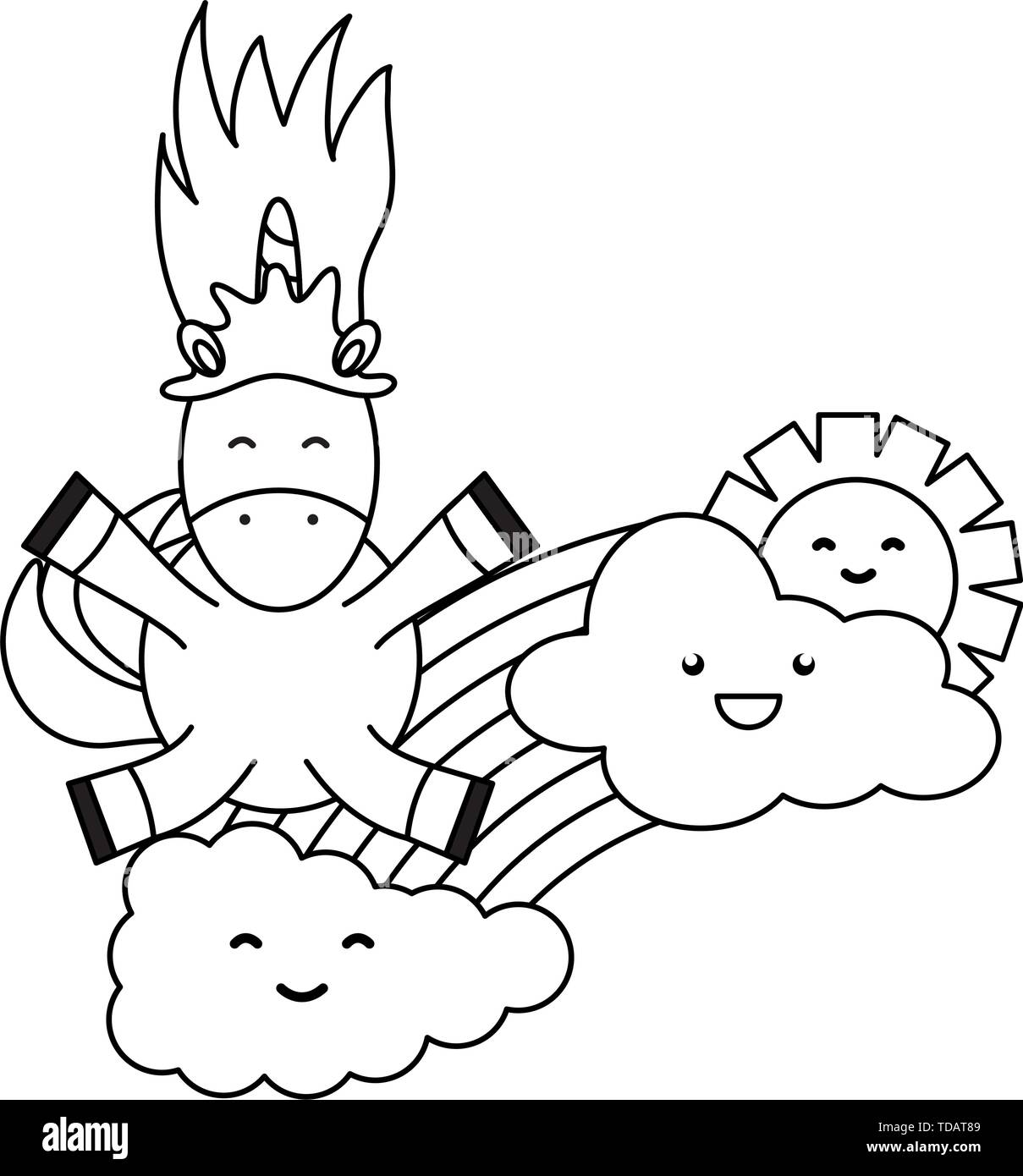 cute unicorn in rainbow with clouds and sun kawaii characters vector ...