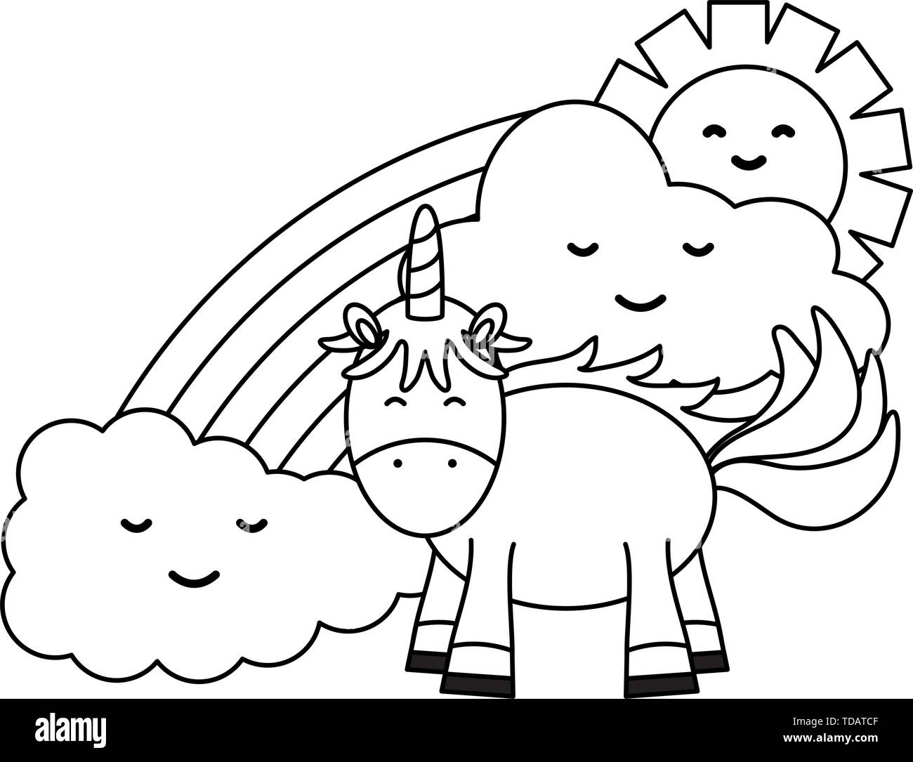 cute unicorn in rainbow with clouds and sun kawaii characters vector ...