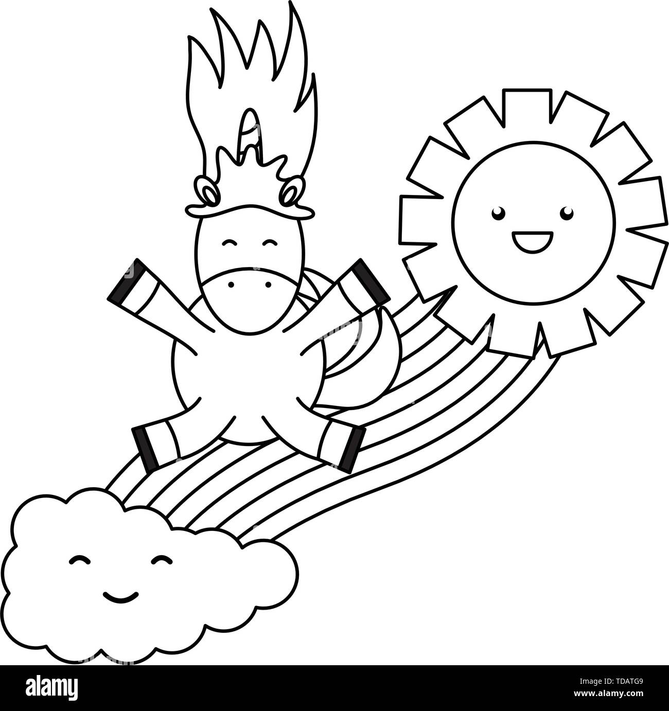 cute unicorn in rainbow with clouds and sun kawaii characters vector ...