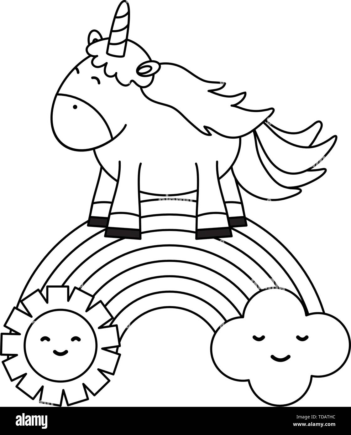 cute unicorn in rainbow with clouds and sun kawaii characters vector ...