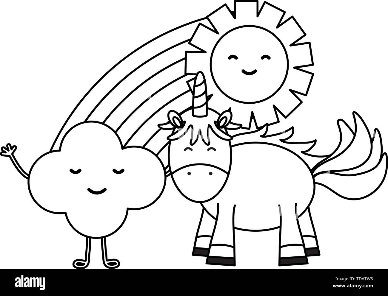 cute unicorn in rainbow with clouds and sun kawaii characters vector ...