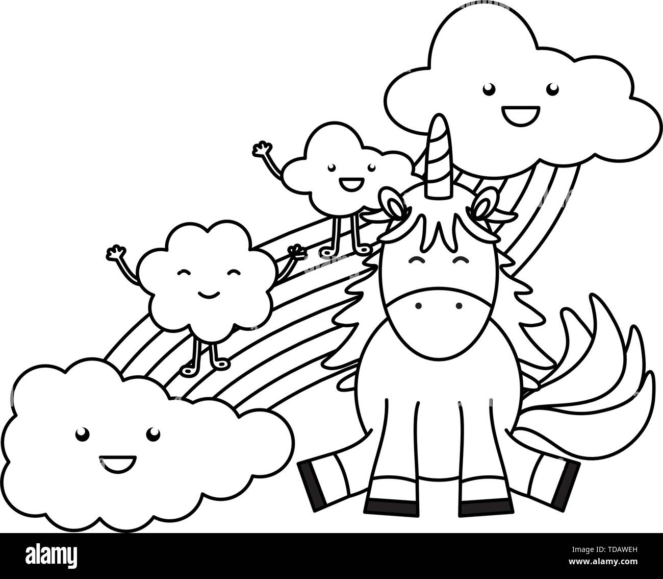 cute unicorn with clouds and rainbow kawaii characters vector ...