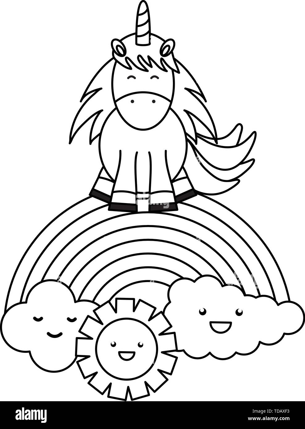 cute unicorn in rainbow with clouds and sun kawaii characters vector ...